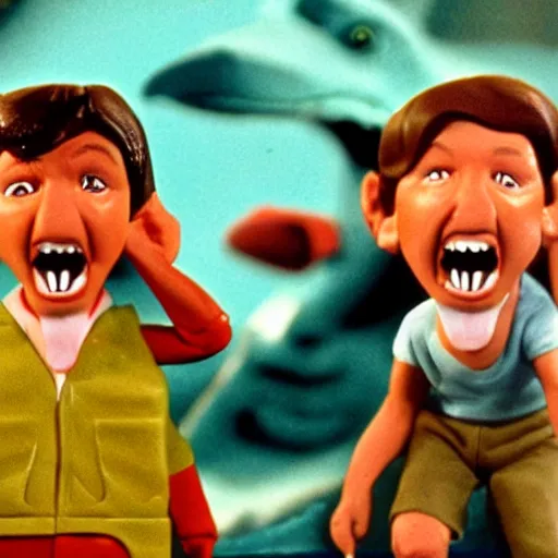 Image similar to jaws poster in the style of celebrity deathmatch, claymation, clay, vivid color, depth of field, Spielberg