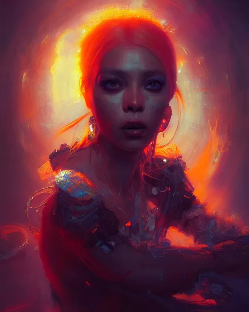 Prompt: full view portrait of mystical and legendary DJ Tangerine, 4k digital masterpiece by Greg Rutkowski and Ruan Jia and rossdraws, Alberto Seveso, fantasycore, Hyperdetailed, realistic oil on linen, soft lighting, Iconography background, featured on Artstation