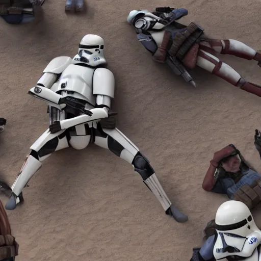 Prompt: clone trooper lies dead on the battlefield, intense fighting going on, in geonosis, 8 k