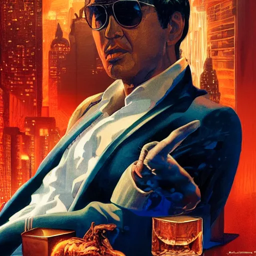 Image similar to scenes from the movie scarface as movie poster art, 8 k, coherent, intricate, elegant, volumetric lighting, sharp focus on scenery, digital painting, highly detailed, sharp focus, illustration by j scott campbell ron cheng, ngai victo