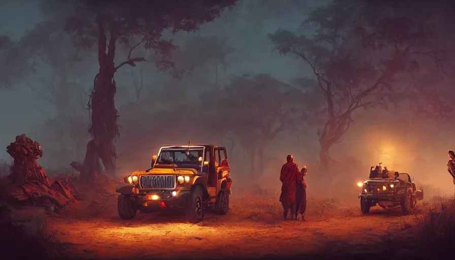 Image similar to Mahindra thar, tribe members watching nearby, an epic fantasy, dramatic lighting, cinematic, establishing shot, extremely high detail, photorealistic, cinematic lighting, artstation, by simon stalenhag, horizon forbidden west