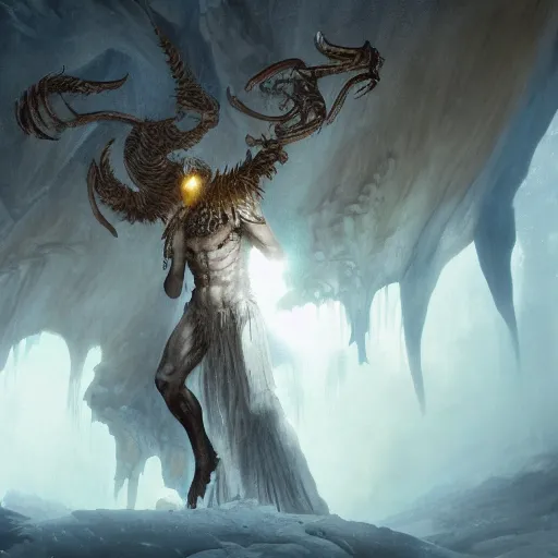 Image similar to demon with wings extended in the ice cave. greg rutkowski. boris vallejo. color grading lut 3 8 4 0 x 2 1 6 0