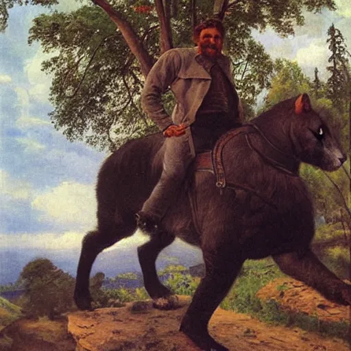 Image similar to man riding a huge cat, oil painting by Ivan Shishkin