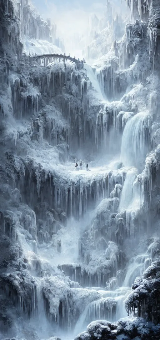 Prompt: a gigantic PALACE made of CRYSTAL stone with arches and bridge on top of a WATERFALL in the SNOW , blizzard, a small stream runs beneath the waterfall, landscape, raphael lacoste, eddie mendoza, alex ross, concept art, matte painting, highly detailed, rule of thirds, dynamic lighting, cinematic, detailed, denoised, centerd