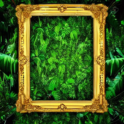 Prompt: fancy broken gold baroque frame in middle of green jungle vegetation