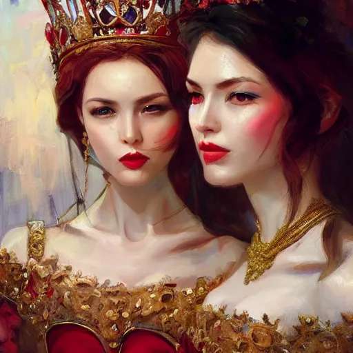 Prompt: two queens in illegal marriage, high vertical symmetry, photorealistic oil painting, beautiful, oil, vintage shading by Artgerm and ilya repin, artstation