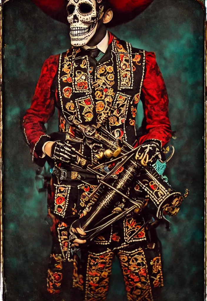 Image similar to tintype full body view, man in mariachi dia de muertos suit and make up, horrific beautiful vibe, evocative, atmospheric lighting, painted, intricate, highly detailed,