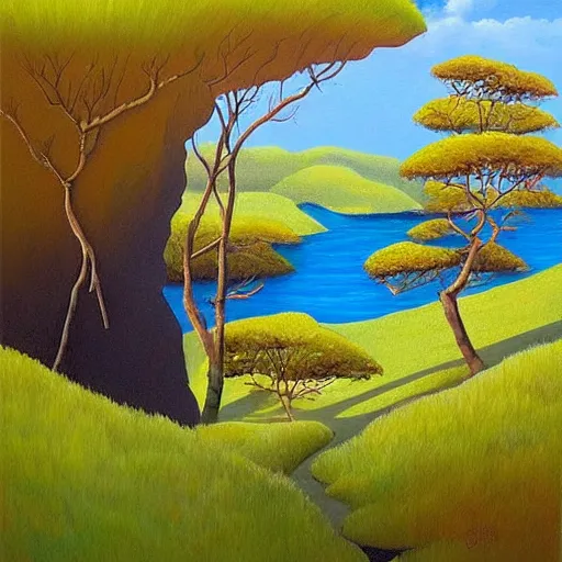 Image similar to painting of a lush natural scene on an alien planet by april gornik. beautiful landscape. weird vegetation. cliffs and water.