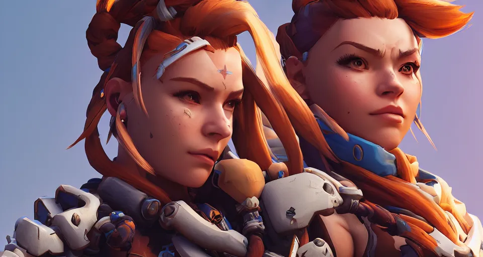 Image similar to one character, overwatch, brigitte, horizon zero dawn, aloy, digital art, high detailed, artstation, octane render