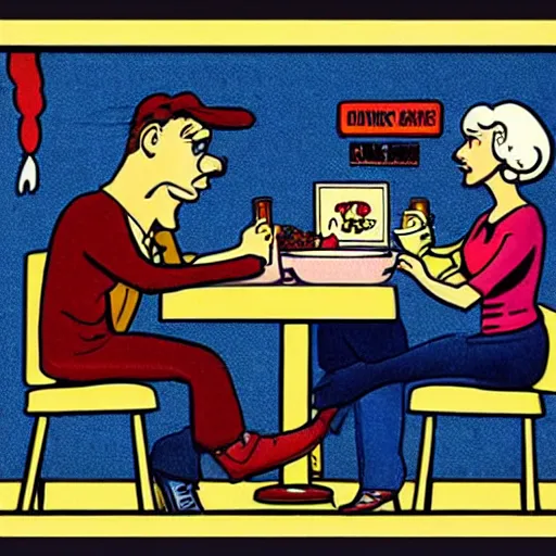 Image similar to caricature by robert crumb, an uneven couple character sitting at a table in diner : : graphic art on a plain background, subdued colors, detailed drawing