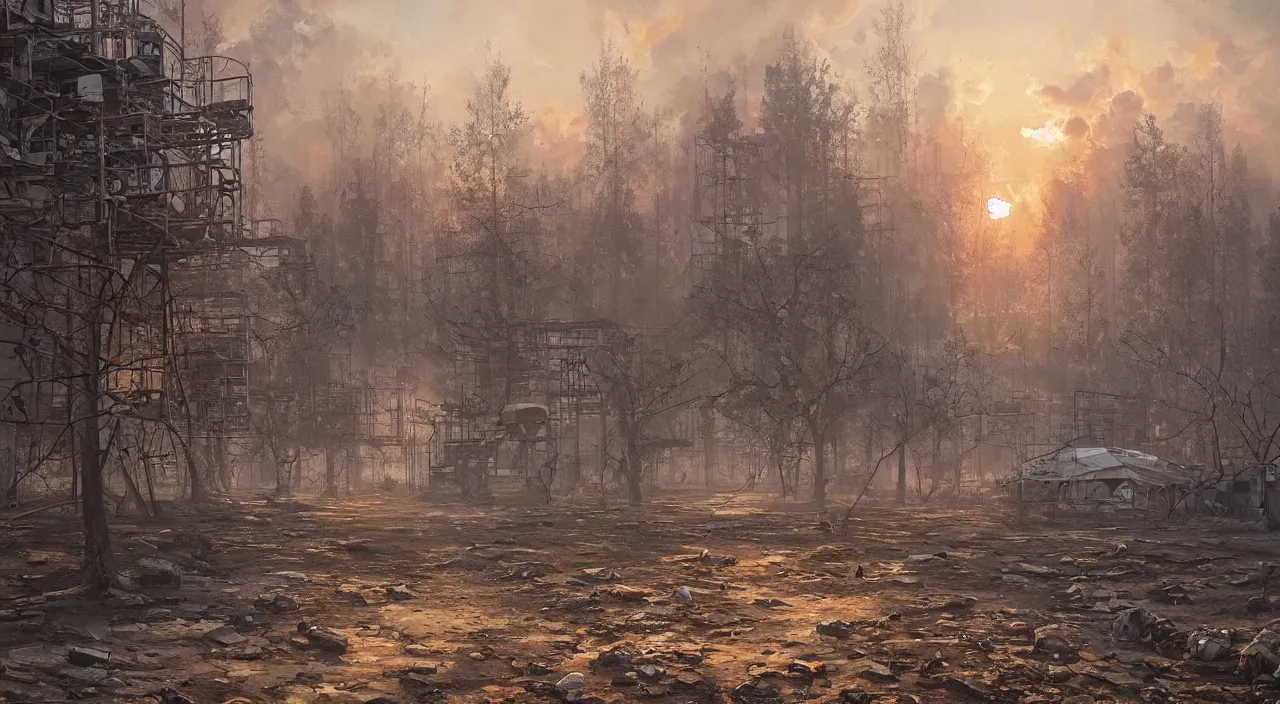 Prompt: a Stunning oil painting of Pripyat by gerg rutkowski,sunset,hyper detailed,Super realistic,Masterpieces,8K Resolution