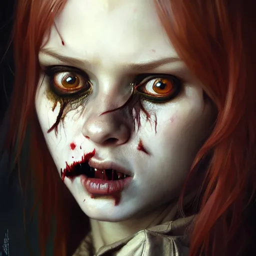 Prompt: portrait painting of horrifyingly disfigured vampire girl wearing battered vietnam fatigues, ultra realistic, concept art, intricate details, eerie, highly detailed, photorealistic, octane render, 8 k, unreal engine. art by artgerm and greg rutkowski and charlie bowater and magali villeneuve and alphonse mucha