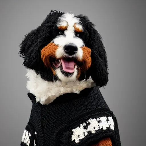 Image similar to a closeup photorealistic photograph of a cute smiling knitted bernedoodle judge dog dressed in a black gown, presiding over the courthouse. indoors, professional capture, well lit shot. this 4 k hd image is trending on artstation, featured on behance, well - rendered, extra crisp, features intricate detail, epic composition and the style of unreal engine.