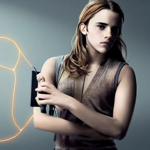 Image similar to a girl who is a mix of emma watson and scarlett johansson and nathalie portman, using a device to connect herself to a computer through an usb cable and a port in her arm, cables, it, very detailled, by david rutkowski