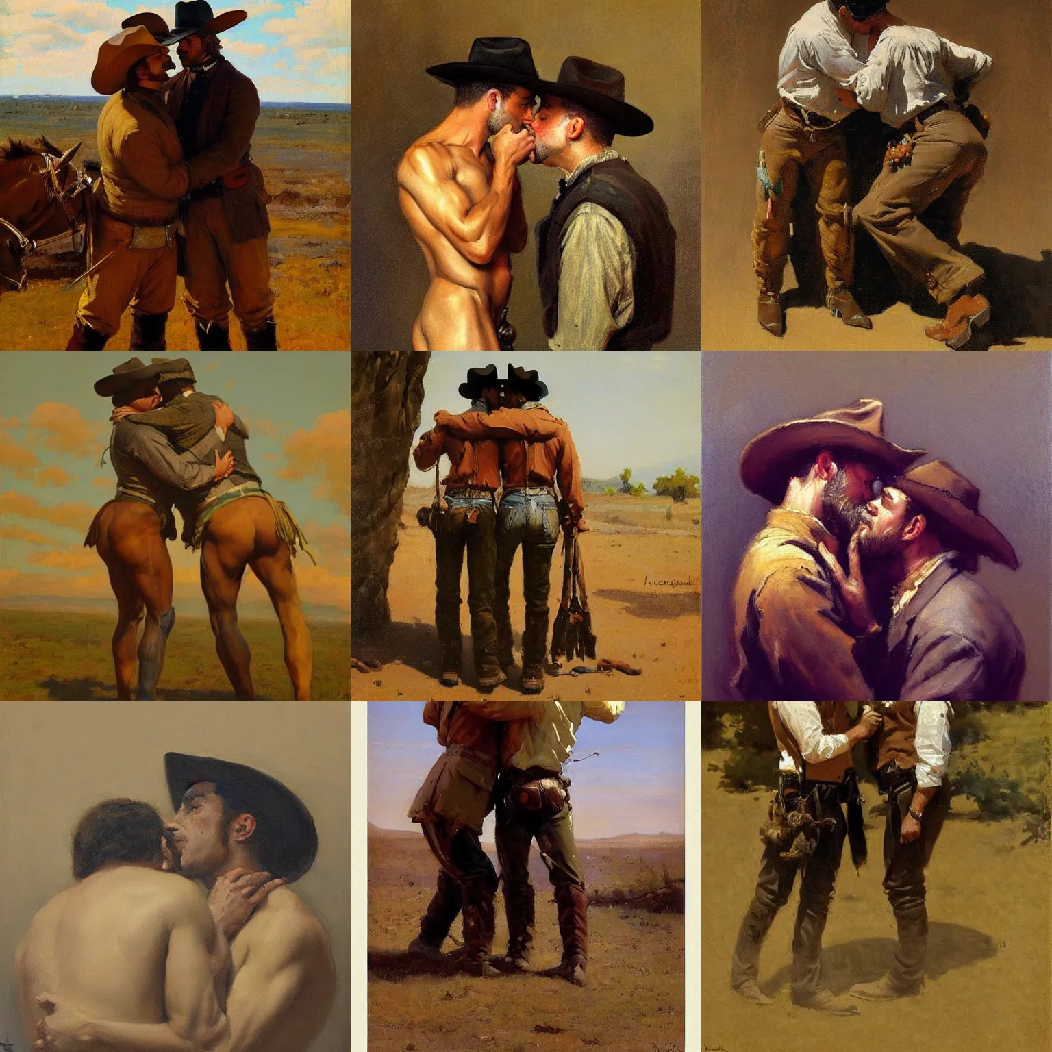 Prompt: a beautiful romantic homoerotic painting of two cowboys kissing, by frederic remington, trending on artstation