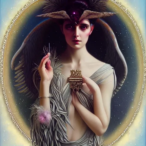 Prompt: cosmic young goddess of feathers by tom bagshaw