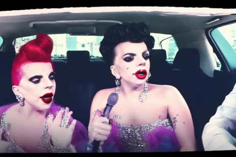 Image similar to lady gaga and judy garland doing carpool karaoke, lady gaga and judy garland, carpool karaoke, lady gaga, judy garland, carpool karaoke, youtube video screenshot, the late late show with james corden, higly realistic, high resolution, dashcam