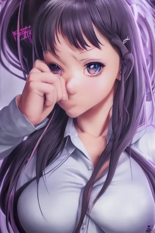 Image similar to photorealistic 3 d render of of an impossibly curvy anime girl wearing a schoolgirl outfit, by artgerm and earl norem, featured on pixiv, booru, exaggerated proportions, high resolution digital art, 4 k, beautiful symmetric face, subsurface scattering, volumetric lighting, realistic skin texture