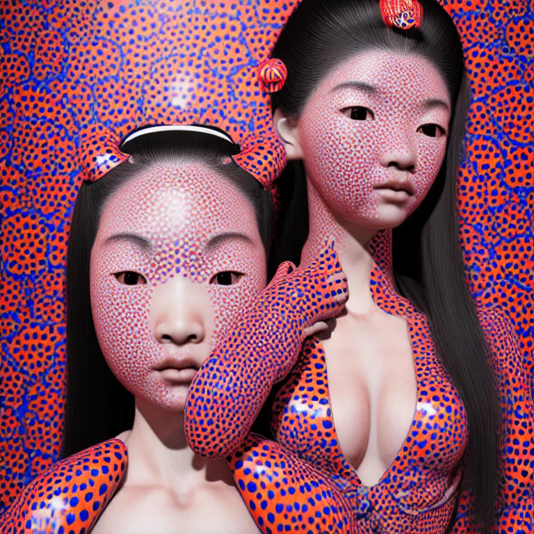 Image similar to hyperrealistic detailed image of a geisha in a art installation room, hd smooth interior by yayoi kusama, part by kei mieno, part by ross tran, dark art by james jean, ultra realistic, highly detailed, life like face, detailed body, 8 k, 3 d render by roger magrini, masterpiece