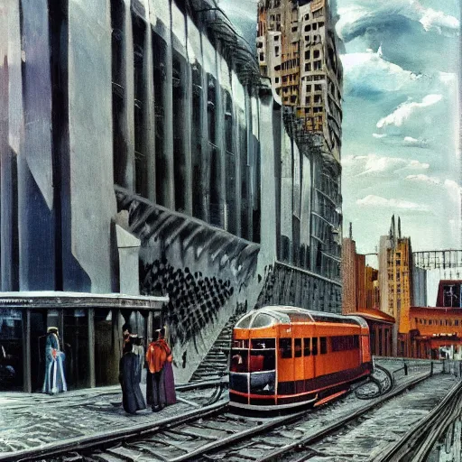 Prompt: very low angle. very detailed painting by lucian freud, futuristic. dreamlike. weird. horrific. something is wrong. city street at 1 9 5 0 s. low angle. old photo. atmospheric. skyscrapers. vivid colours, mysterious. epic scene. trending on trainstation. 4 k. very high detailed.