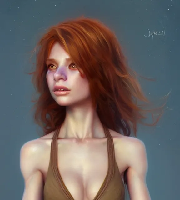 Image similar to cute female goblin as human, perfect face, beige halter top, auburn hair, abs, cinematic, blush, stunning, elegant, highly detailed, psychedelic, digital painting, artstation, smooth, hard focus, illustration, art by jessica rossier and and brian froud