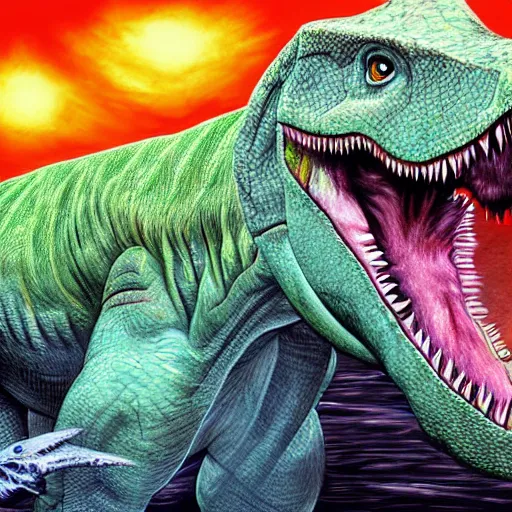 Image similar to The end of the dinosaur era, super realistic drawing, colourful, high detail, digital art,