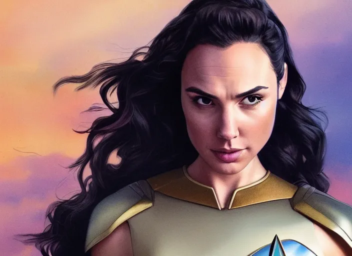 Image similar to a disney film still of gal gadot as a star trek officer, finely detailed features, closeup of the face, perfect art, dusk, blue hour, gapmoe yandere grimdark, trending on pixiv fanbox, painted by greg rutkowski, makoto shinkai, takashi takeuchi, alphonse mucha, akihiko yoshida