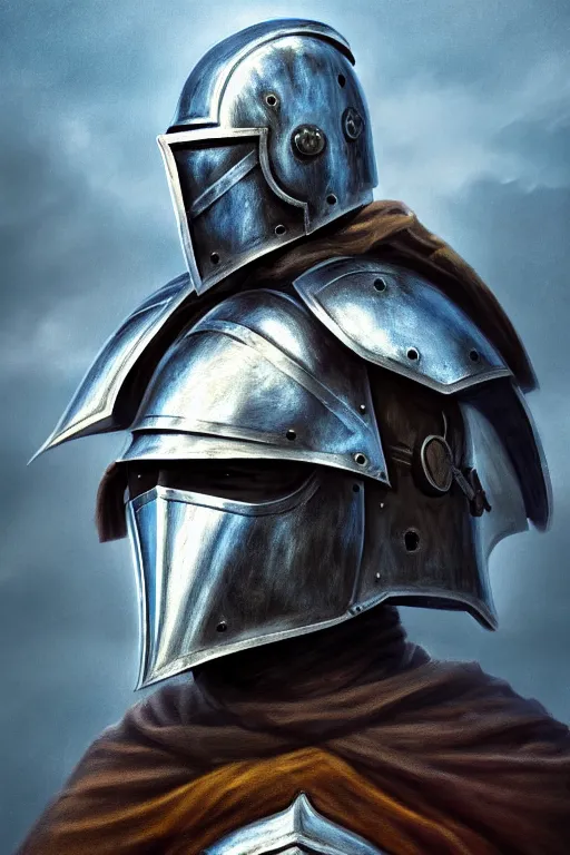 Image similar to a knight in full iron plate armor that is wearing a fluted helm, in the style of an oil painting and d & d art, fullbody, blue fog, mystic, magic, sharp focus, award - winning, extremely detailed, 4 k,