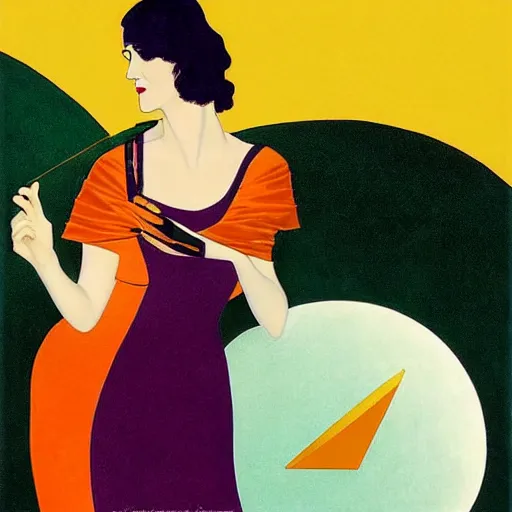 Prompt: Eva Green, Art by Coles Phillips, Orange bodysuit, Chalk white skin, deep purple hair, Green eyes, Portrait of the actress, Eva Green as Metamorpho, geometric art, Ramona Fradon, poster, no text, Alphonse Mucha, Vasily Kandinsky, carbon black and antique gold