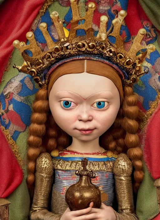 Image similar to closeup medieval jan van eyck face portrait of tin toy greta thunberg medieval goblin as a fairytale princess wearing a crown eating cakes in the castle, bikini, detailed and intricate environment, nicoletta ceccoli, mark ryden, lostfish, hyperrealistic, octane render