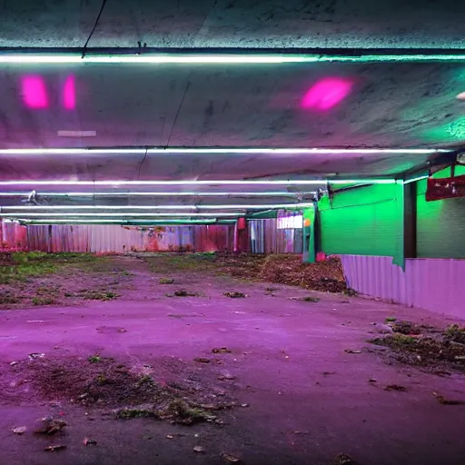 Prompt: a indoor abandoned parking lot with a farm runed by robots where they plant human heads, magenta lighting, neon, cyberpunk, art by Simon Stalenhag, cinematic, 4k