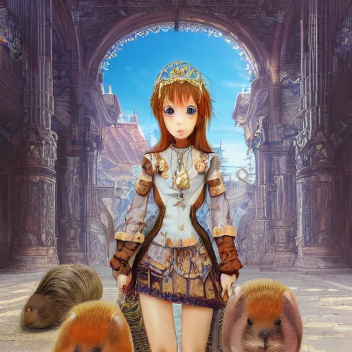 Image similar to character portrait of the capybara princess with gorgeous detailed eyes in the marketplace in the sky, color page, tankoban, 4 k, tone mapping, doll, akihiko yoshida, james jean andrei riabovitchev marc simonetti, yoshitaka amano, long hair, curly, greater capybara, giant cavy rodent, h. hydrochaeris