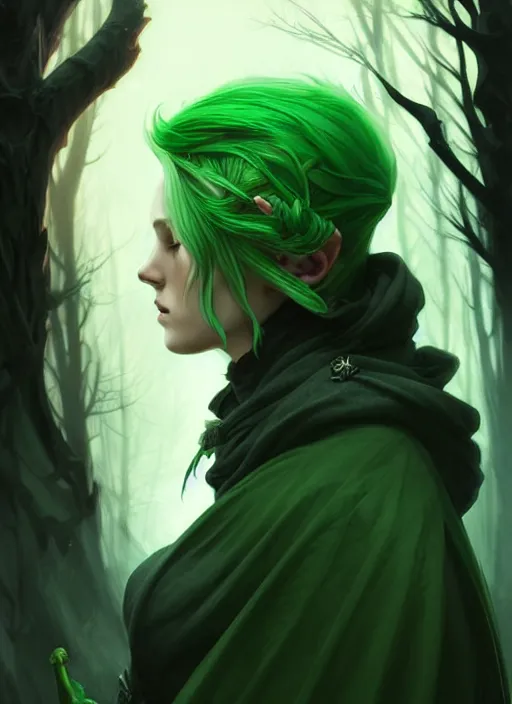 Image similar to side portrait dark witch with hood, adventurer outfit large cloak, fantasy forest landscape, moonshine, fantasy magic, undercut hairstyle, short green black fade hair, dark light night, intricate, elegant, sharp focus, illustration, highly detailed, digital painting, concept art, matte, art by WLOP and Artgerm and Greg Rutkowski and Alphonse Mucha, masterpiece