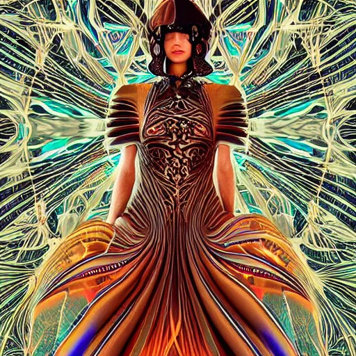 Image similar to a beautiful arabian woman wearing a futuristic dress by alexander mcqueen, artgerm, alex gray, android jones, fashion show, futuristic, organic dress, seamless pattern, concept art, fantasy