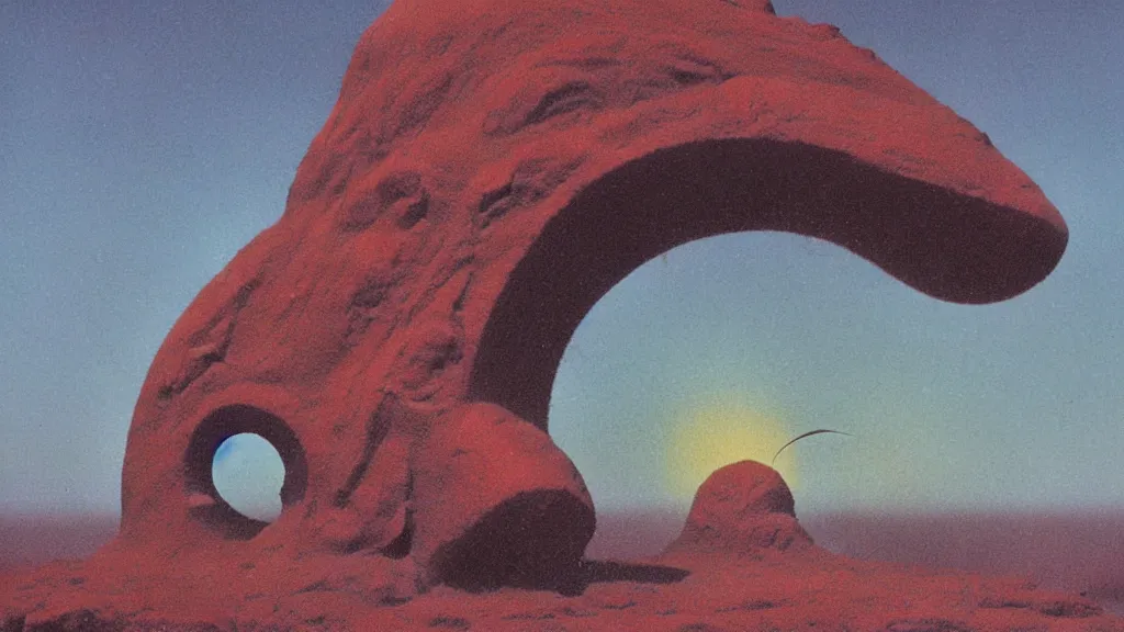 Image similar to mysterious sculpture of an alien crescent moon by paul lehr and john schoenherr, cinematic matte painting