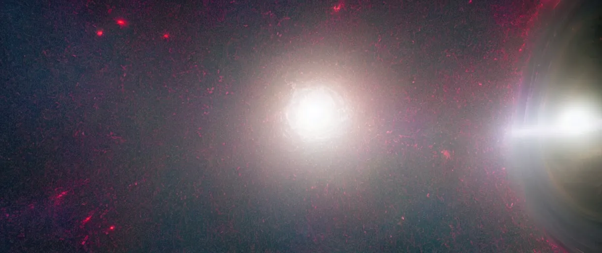 Image similar to realistic photo of one black hole in space, abstract symbolism, volumetric, particles, physical, translucence, cinematic lighting, iridescence