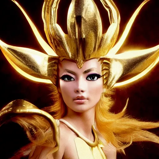 Image similar to a beautiful photographic shot of saga gold saint of gemini, saint seiya, beautiful natural light failling on her face, by annie leibowitz