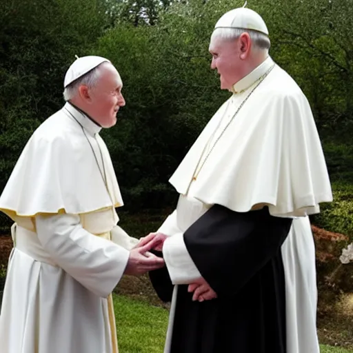 Prompt: two catholic popes perform their ancient greeting ritual