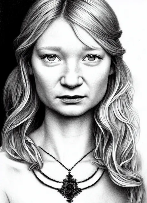 Prompt: a pencil drawing portrait of mia wasikowska with blonde hair, in a dress, jewelry, greek, intricate, headshot, highly detailed, drawn with pencil, black and white, artstation, concept art, sharp focus, cinematic lighting, illustration, art by artgerm and greg rutkowski, alphonse mucha, cgsociety