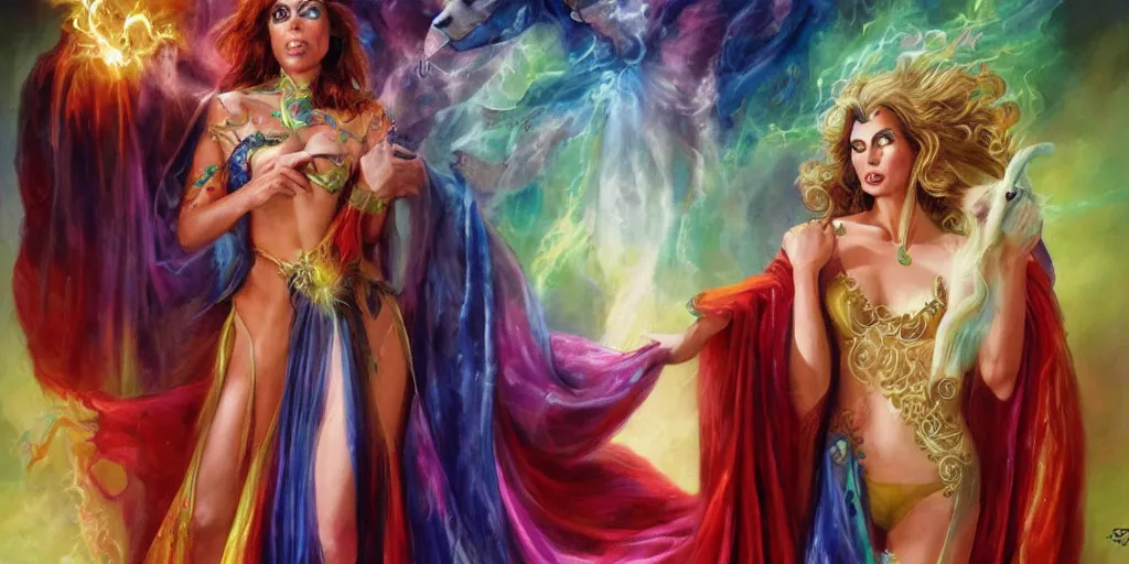 Image similar to Magic sorceress with rainbow sparkling robe, creepy dogs, Boris Vallejo, Julie Bell, Artgerm