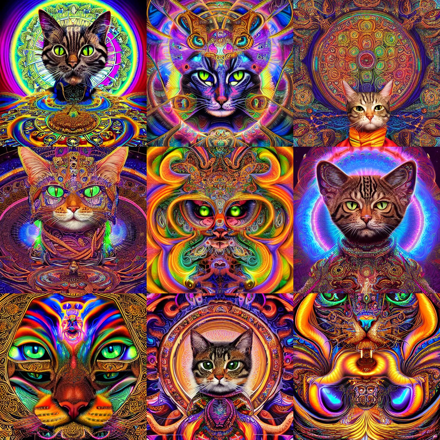 Prompt: a intricate ornate psychedelic masterpiece of a cat shaman, digital art by artgerm, alex grey, dan mumford, felix kelly, psychedelic art, psychedelic, fractalism, fractals, sacred geometry, trending on artstation, hyper realism, highly detailed, cgsociety, octane render, 3 d