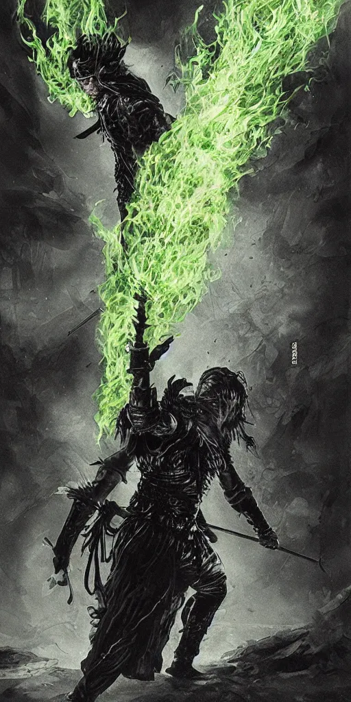 Image similar to a man with a missing an arm holding a spear made of green fire wearing a leather cloak fighting a bad guy made of black smoke, full body, dark colors, sinister atmosphere, dramatic lighting, cinematic, establishing shot, extremely high detail, photo realistic, cinematic lighting, pen and ink, intricate line drawings, by Yoshitaka Amano, Ruan Jia, Kentaro Miura, Artgerm, post processed, concept art, artstation, matte painting, style by eddie mendoza, raphael lacoste, alex ross,