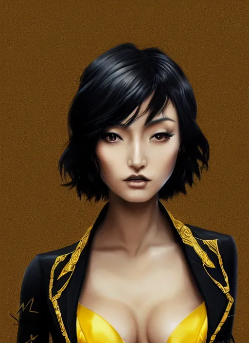 Prompt: a highly detailed illustration of meisa kuroki as short black haired young woman wearing black suit with coattails, yellow eyes, dramatic elegant pose, intricate, elegant, highly detailed, centered, digital painting, artstation, concept art, smooth, sharp focus, league of legends concept art, wlop.