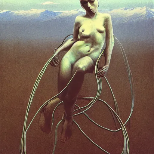 Prompt: photo of a woman wrapped around by tubes and cables, mountains in the background, by Zdzislaw Beksinski