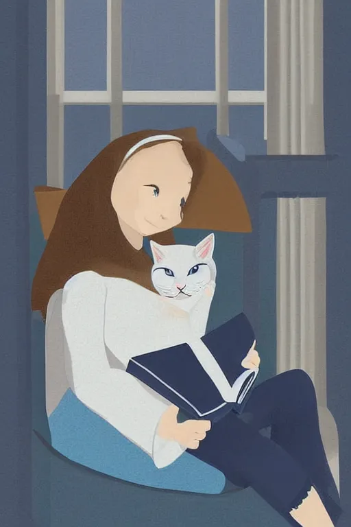 Image similar to a digital painting of a girl reading a book with a cat in A comfortable study room at night,blue and grey theme,JK uniform ,Hairdryer,blue theme,S line, by anmi and reoenl