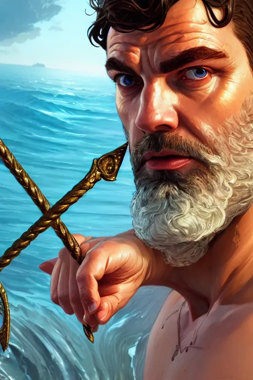 Image similar to highly detailed close up portrait of god poseidon holding a trident in gta v, stephen bliss, unreal engine, fantasy art by greg rutkowski, rhads, ferdinand knab, makoto shinkai and lois van baarle, ilya kuvshinov, rossdraws, tom bagshaw, global illumination, radiant light, detailed and intricate environment