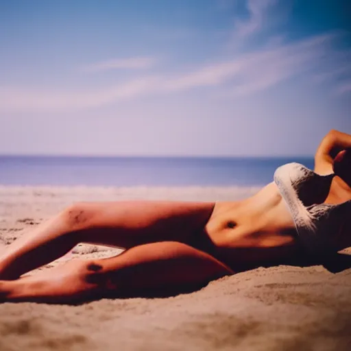 Prompt: tanning on the beach, photorealistic, photography, 5 0 mm