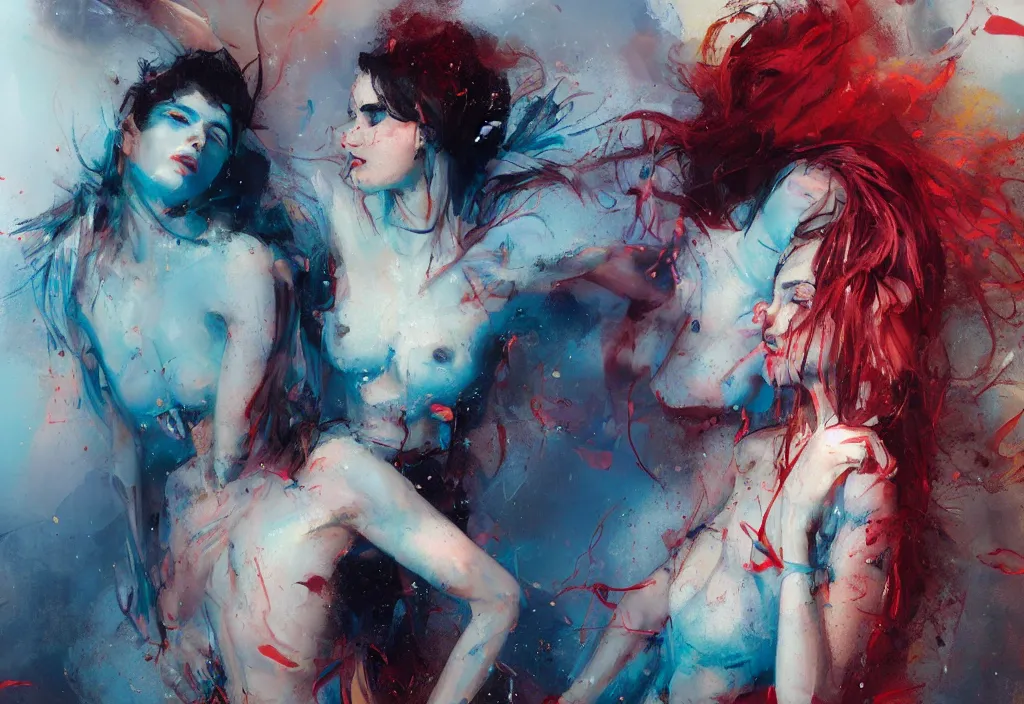 Image similar to full body portrait of a duo of 1 9 years old girl figures, messy hair, oriental tattoos, jewelry, subjects wearing savile row menswear, beautiful, dramatic, cinematic lighting, phtalo blue, lemon, fire red, few vivid pink highlights, visible brushstrokes, by ross tran and jeremy mann and guweiz, oil on canvas, artstation, pixiv