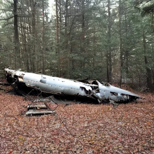 Prompt: ancient airplane fuselage crash in the woods