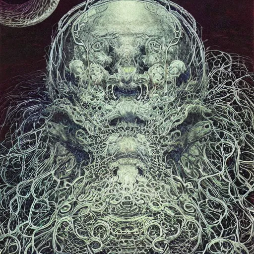 Image similar to simple concept art of, ‘ the old god ’. an award winning yoshitaka amano digital art poster, by james gurney and gerhard richter. art by takato yamamoto. masterpiece, deep colours.